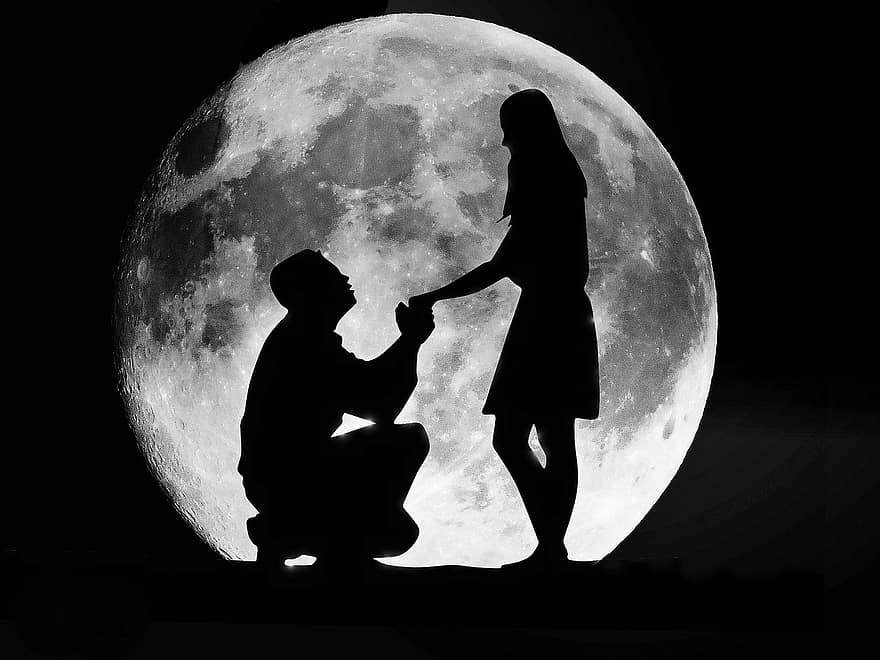 Love, Couple, Moon, Romantic, Set, Black And White, In Love