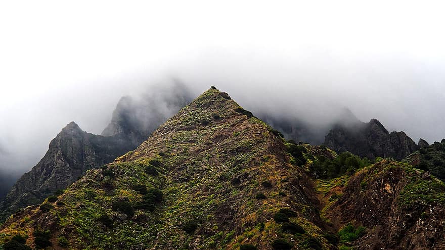 bergen, top, wolken, mist, rots, natuur, landschap, Canarische eilanden