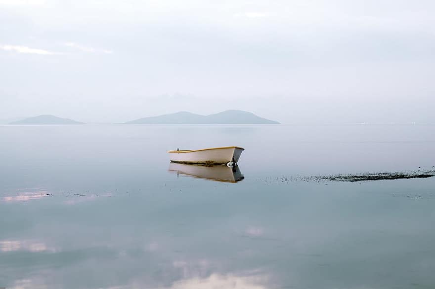 bote, laguna, reflexión, mar, agua, isla, naturaleza, lago, niebla, cielo, Murcia