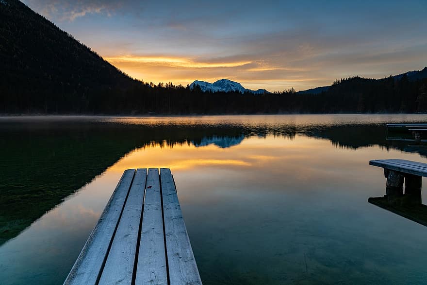 Napkelte, Hintersee, tó, hegyek, visszaverődés, bajorországi, Berchtesgaden, napnyugta, természet, móló, víz