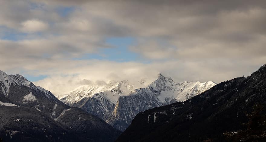 dağlar, kar, kış, Tirol, Avusturya, peyzaj, dağ, dağ zirvesi, dağ silsilesi, buz, bulut
