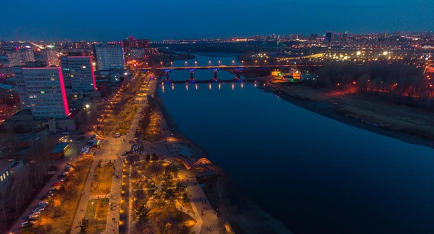 Krasnojarsk, Rusko, siberia, yenisei, řeka, město, noc, cestovat, cestovní ruch