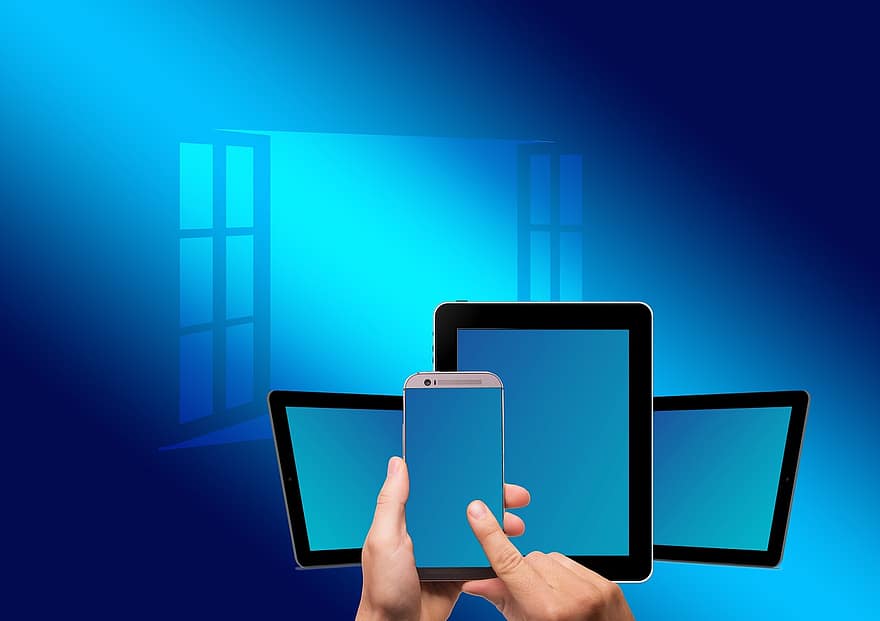 janela, abrir, mão, tocar, exibição, Smartphone, celular, ipad, comprimido, azul, sistema operacional