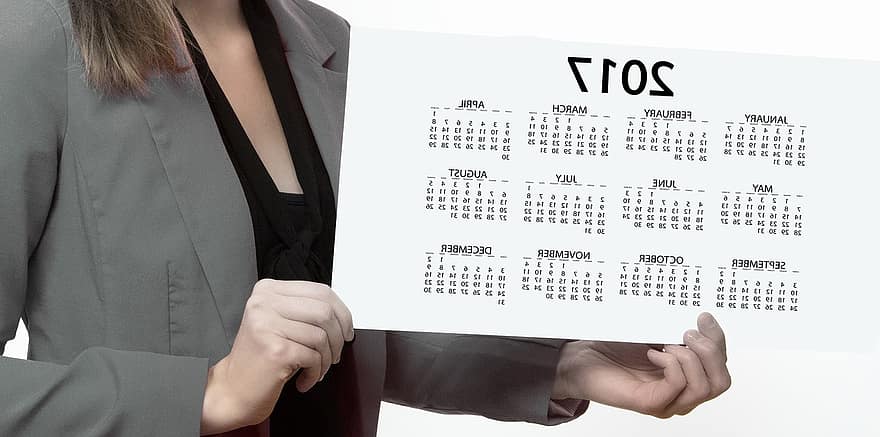 dagordning, kalender, affärskvinna, man, presentation, tidsplan, år, datum, utnämning, tid, juli