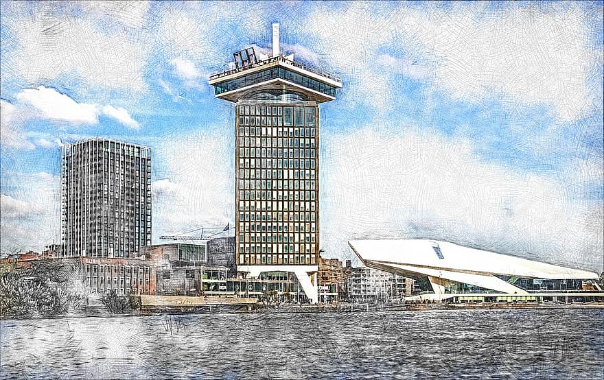 Amsterdam, River, City, Europe, Netherlands, Landscape, Tower, Architecture, Buildings, Creativity, skyscraper