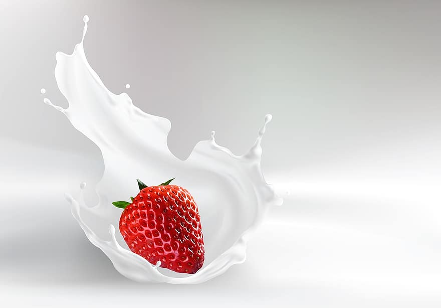 Strawberry, Milk, Splash, Fruit, Drop, 3d, Liquid, Realistic, Object, Dairy, Natural