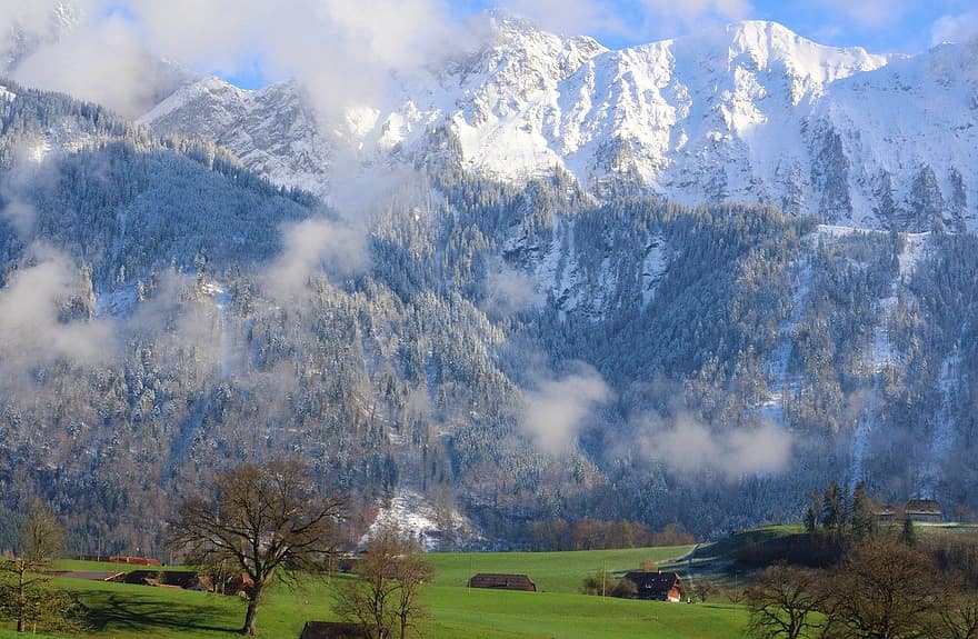 fjelllandskap, Gantrisch naturpark, fjellene, skyer, landskap, landlig, bernese oberland, fjell, snø, skog, gress