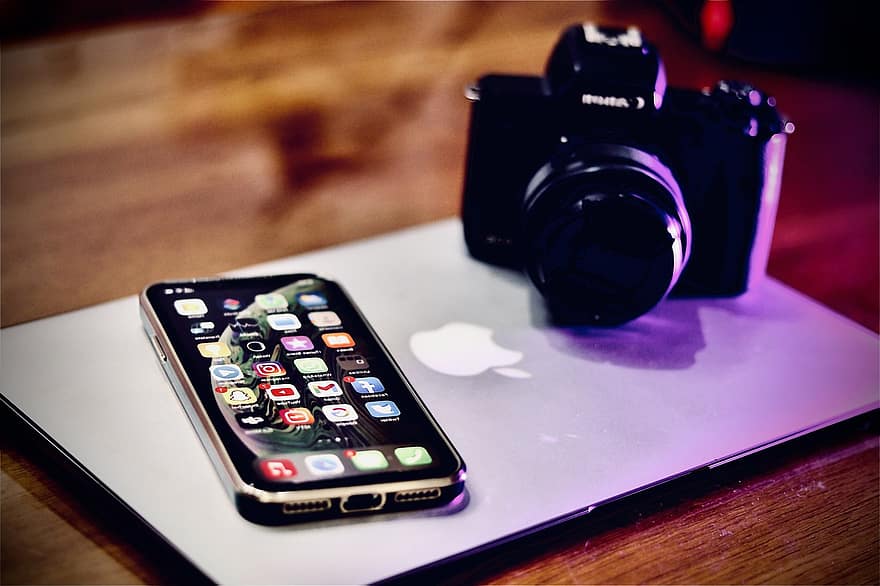 fotógrafo, Câmera, fotografia, Iphone, telefone, maçã, equipamento gráfico, tecnologia, equipamento, fechar-se, mesa