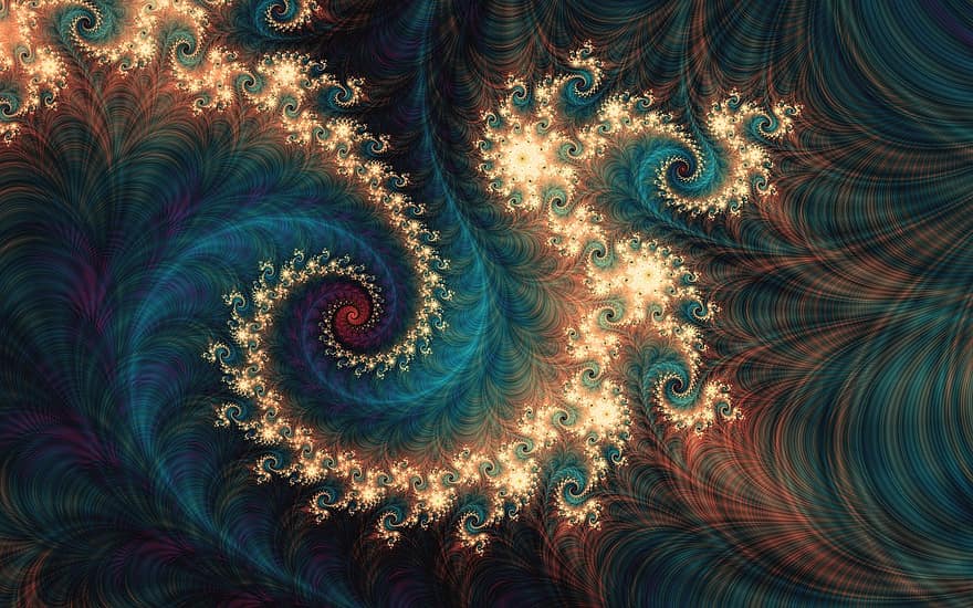 fractale, spirale, abstrait, modèle, fantaisie, bleu, or, art, vif, vibrant, coloré