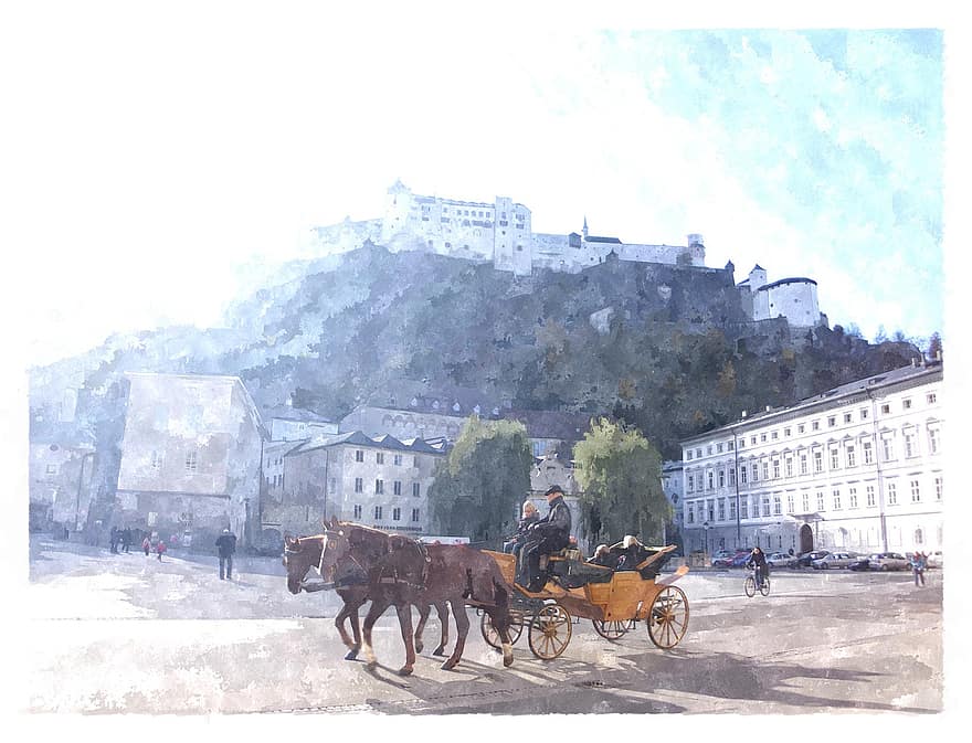 Salzburgo, aguarela, fortaleza, fortaleza de hohensalzburg, treinador, Áustria, pintura, centro histórico, cavalo, cocheiro, carruagem puxada por cavalos