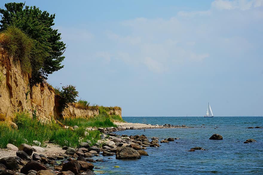 barco a vela, costa, mar, pedras, rochas, de praia, agua, Beira Mar, verão, horizonte, natureza