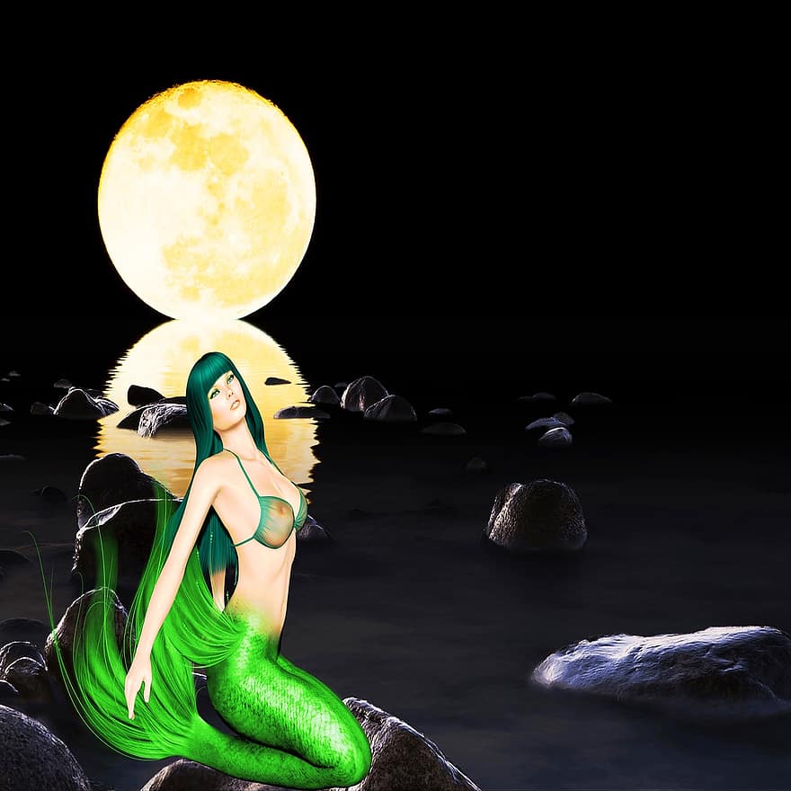 Sirène, pleine lune, eau, fantaisie, repos, roches, solitude, mythique, Conte de fée, 300 dpi, scrapbooking