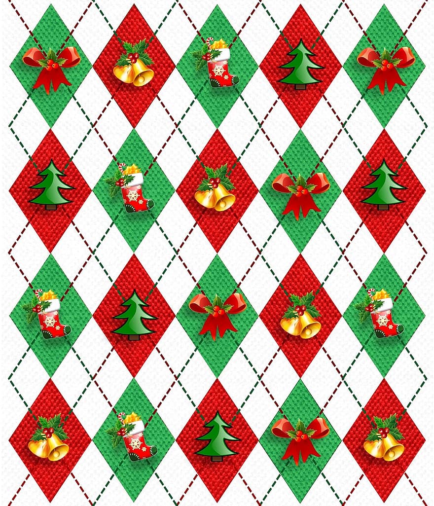Navidad, decoraciones, argyle, verde, rojo, tela, adornos, diamantes, hilo, cuadrícula, azulejos