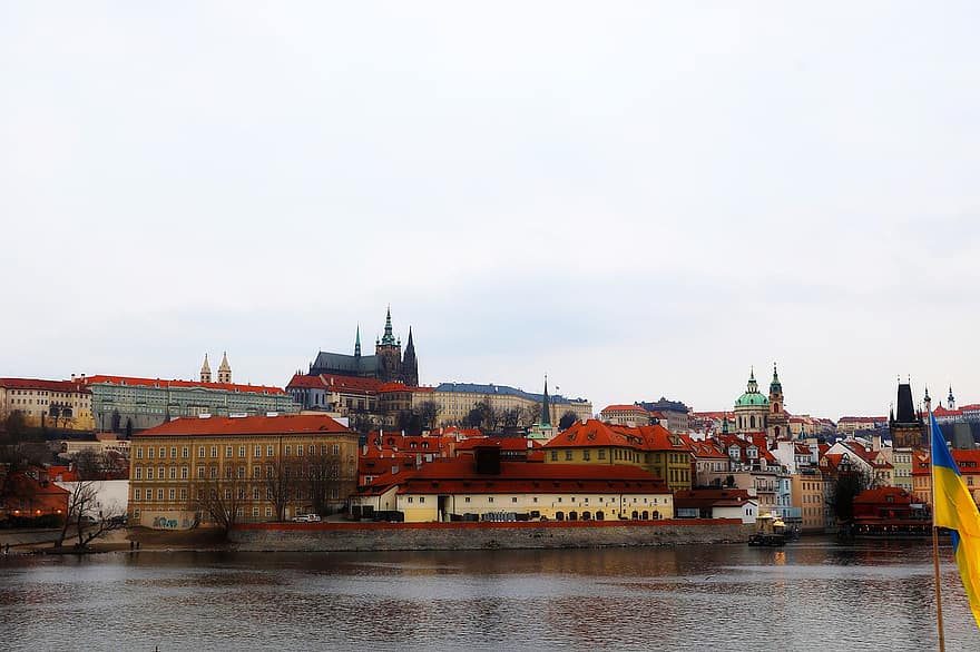 град, Прага, река, замък, архитектура, известното място, градски пейзаж, култури, туризъм, пътуване, история