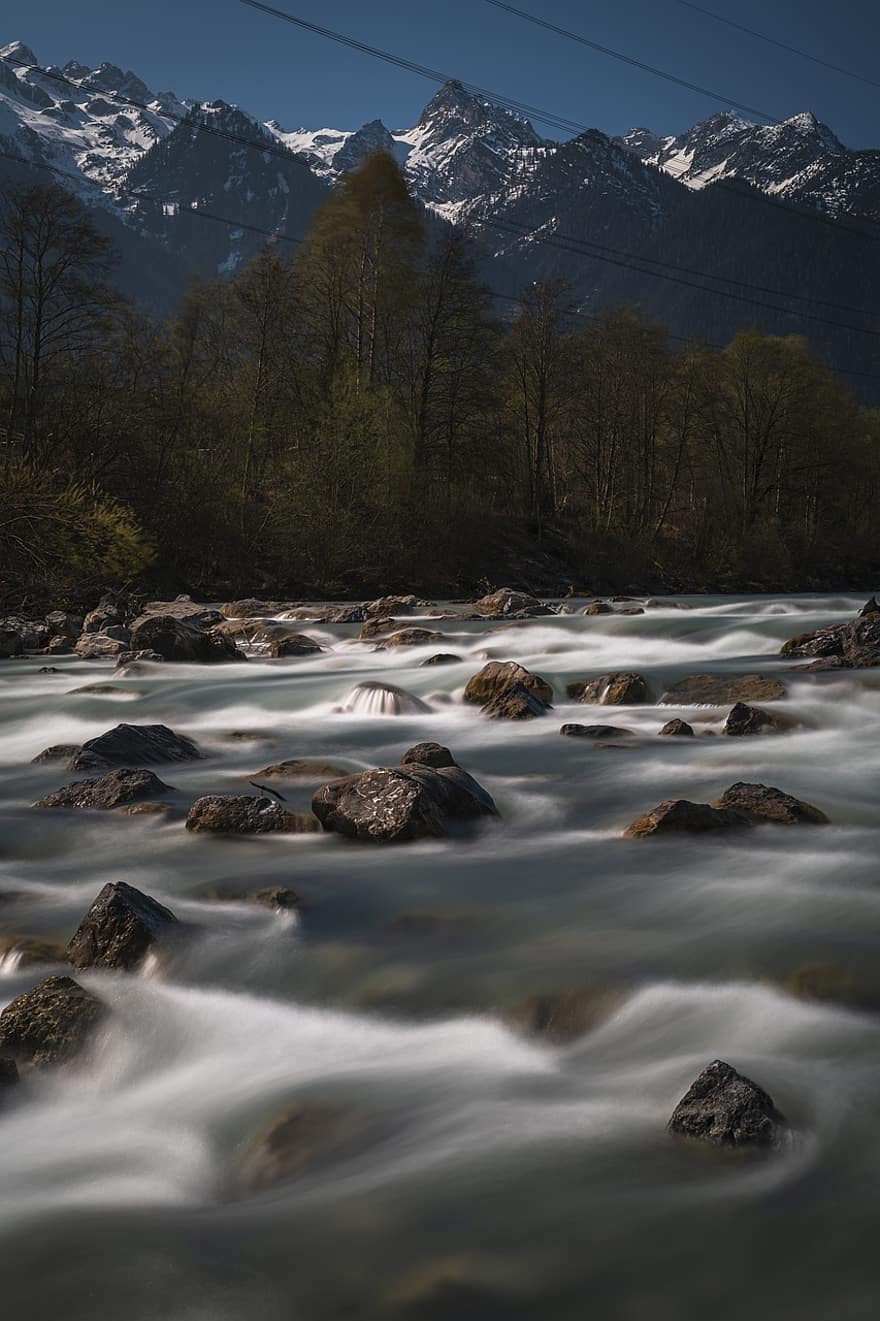 folyó, patak, folyam, sziklák, fák, erdő, hegyek, Bach, Ausztria, Vorarlberg, Bludenz
