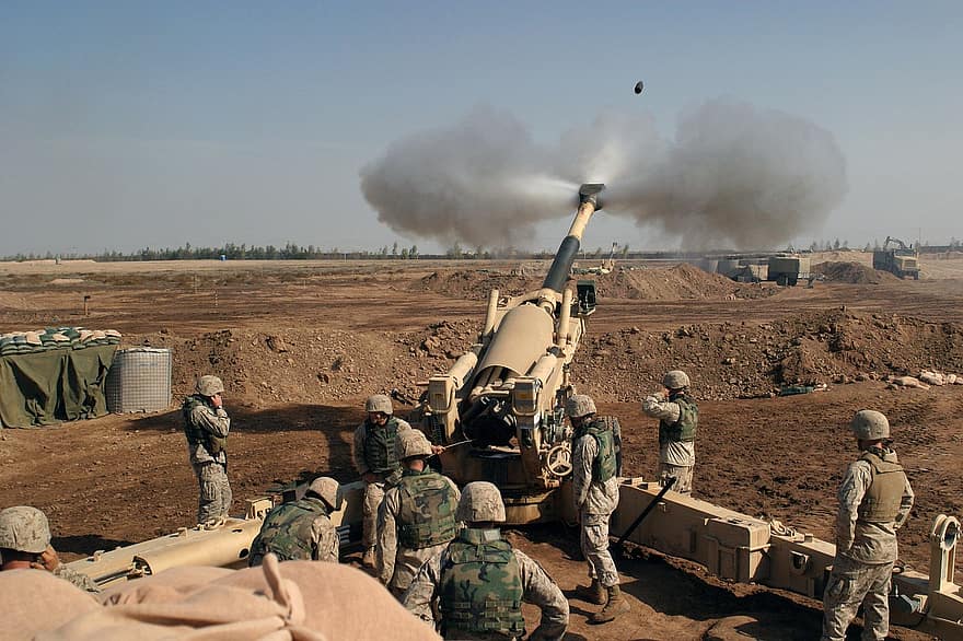 榴弾砲、モルタル、手榴弾、武器、イラク、海兵隊、ファルージャ、軍事、戦争、撃ち落とします、火災