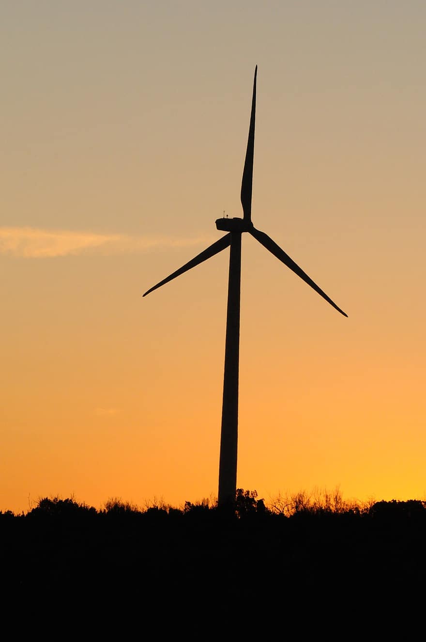 vento, energia, eletricidade, turbina, moinho de vento, por do sol