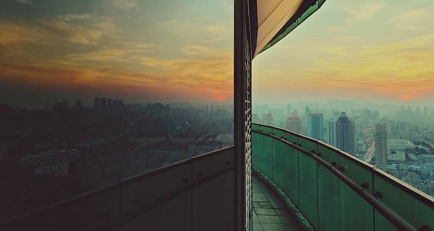 bygning, balkong, by, tåke, skyskrapere, utsikt, sentrum, Urban, solnedgang, skumring, Dalian