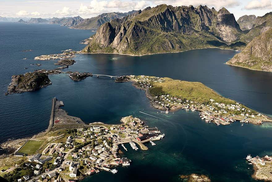 öar, stad, hav, panorama, bergen, fjordar, fiskehamn, broar, landskap, lofoten, Reinebringen