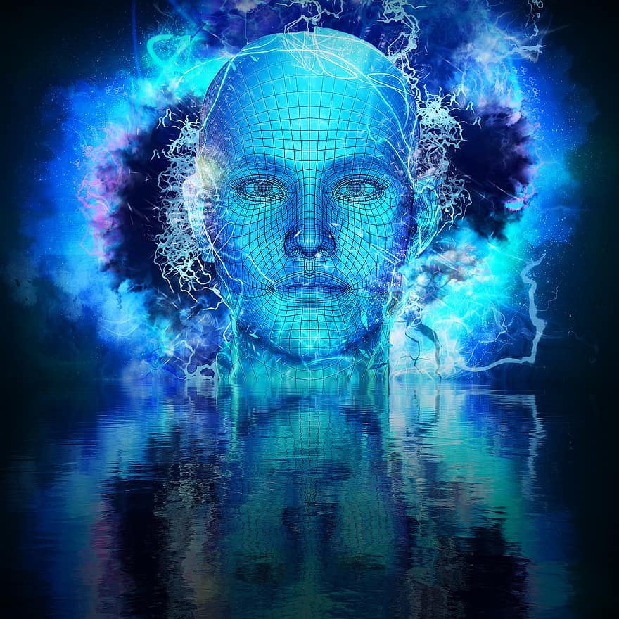 przyszłość, technologia, moc, pobudzony, energia, mózg, futurystyczny, mężczyźni, niebieski, abstrakcyjny, ludzka twarz
