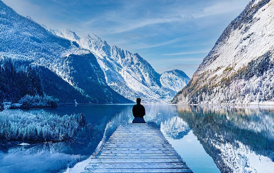 llac, muntanyes, hivern, neu, paisatge, relaxació, meditació, ioga, paisatge d'hivern, Alps, muntanya