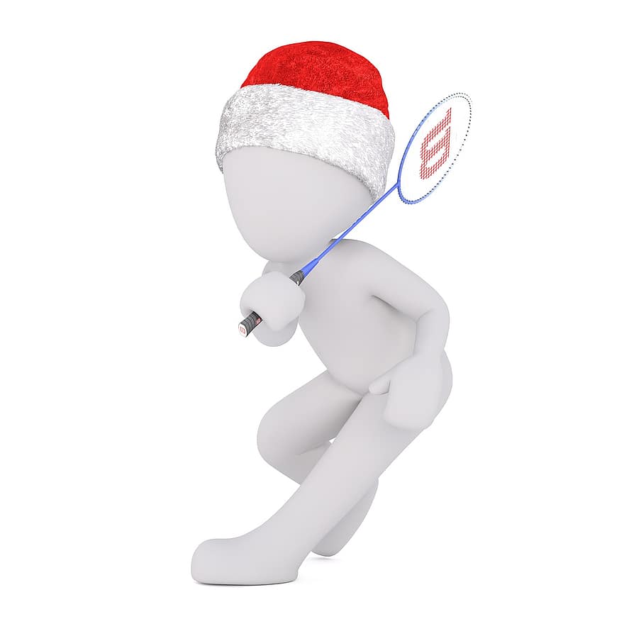 weißer Mann, isoliert, 3D-Modell, Weihnachten, Weihnachtsmütze, Ganzkörper, Weiß, 3d, Zahl, Badminton, Sport