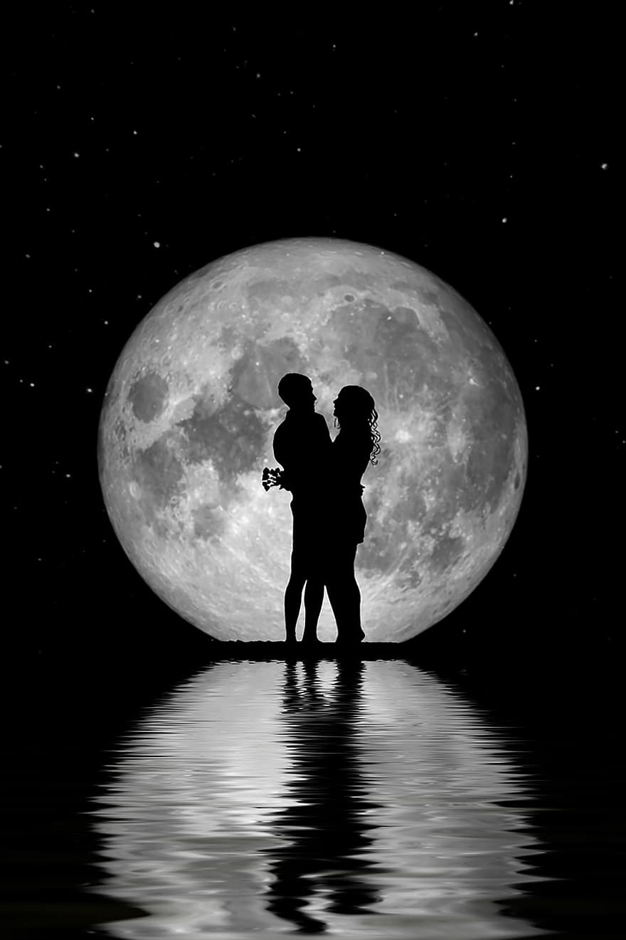 par, kjærlighet, måne, fullmåne, natt, bakgrunns, refleksjon, silhouette, stjerne