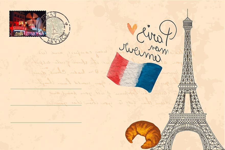 tarjeta postal, París, Torre Eiffel, ciudad del amor, vendimia, antiguo, ciudad cosmopolita, punto de referencia, sello, nuevo, Moulin Rouge