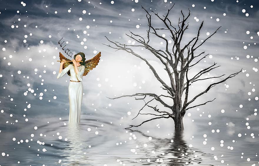 Winter, Snowflakes, Angel, Nature, Reflection, Water, Composition, Mystic, Wing, Fantasy, Figure