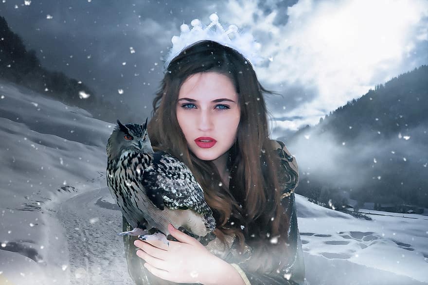 gotyk, Fantazja, kobieta, kobieta fantasy, dama, Zimowa Pani, zimowy, śnieg, średniowieczny, bajka, magia