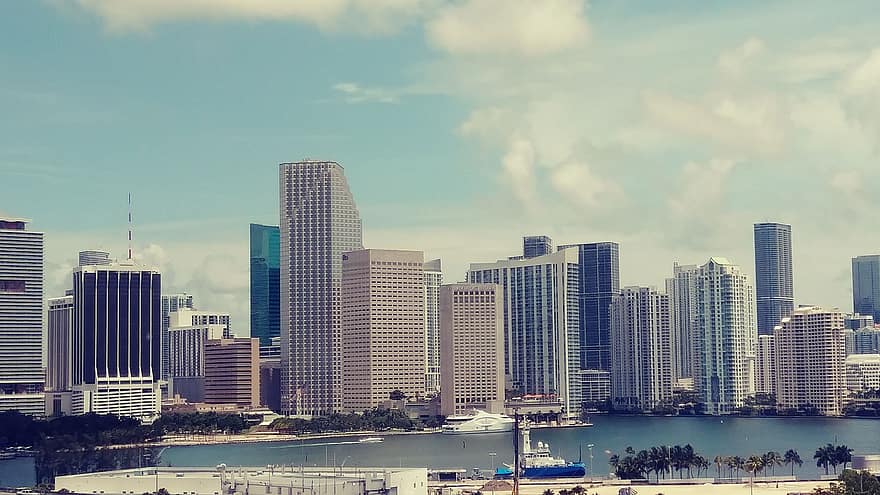 immeubles, ville, l'horizon, architecture, infrastructures, paysage urbain, métropolitain, Miami, Etats-Unis, Urbain