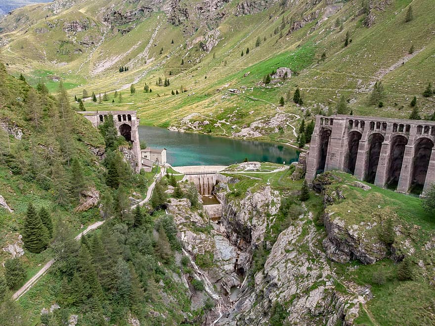 gát, folyó, hidroelektromos, hegyek, gleno gát, Gleno Torrent, Scalve völgye, bergamói tartomány, Bergamo, Lombardia, Olaszország
