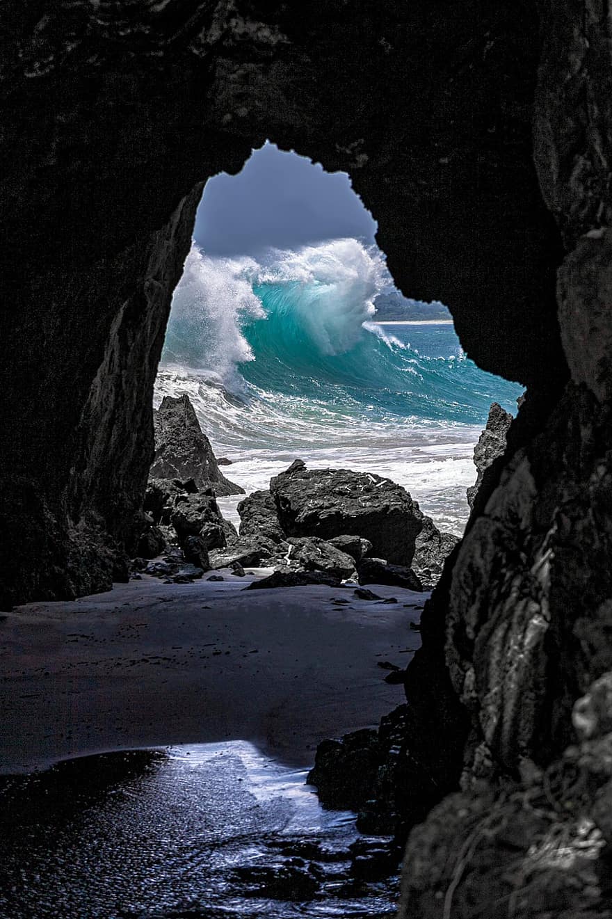 Cave, Rock, Sea, Wave, Splash, The Indian Ocean, Coast, Tropical