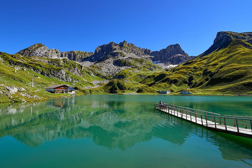 lago, montañas, naturaleza, agua, reflejo de agua, muelle, campo, paisaje, cordillera, alpino, Vorarlberg