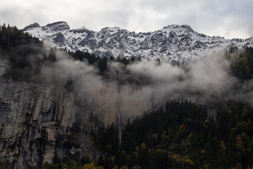 montagne, la neve, nebbia, cascata, rocce, inverno, natura, mistico, lauterbrunnen