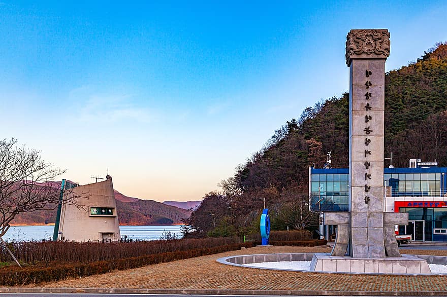 Язовир Jangseong, езеро, рано сутрин, Южна Кореа, природа, пейзаж, архитектура, планина, пътуване, известното място, син