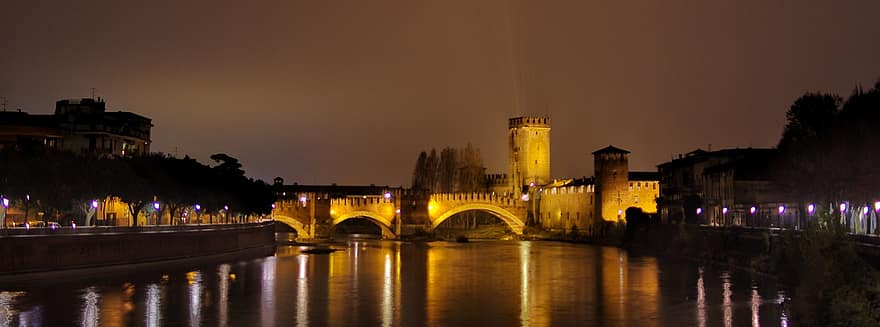 Castelvecchio, kale, eski, ışıklar, kentsel, Kent, tarihi, mimari, turizm, İtalya, gece
