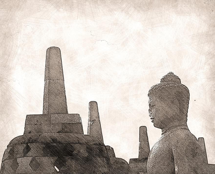 Landmark, Java, Indonesia, Asia, Ancient, Travel, Statue, Heritage, Unesco, Sketch, Old