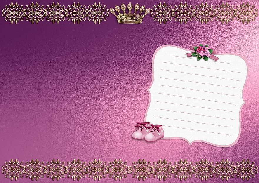 Background Image, Gold, Baby Shoes, Paper, Lines, Princess, Pink, Mica, Frame, Flowers, Glitter