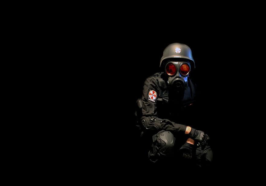 máscara de gás, oficial, uniforme, Oficial guarda-chuva, Resident Evil, ficção