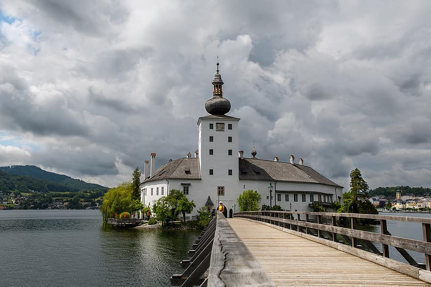castell, pont, referència, edifici, arquitectura, històric, llac, schloss ort, traunsee, gmunden, Àustria alta
