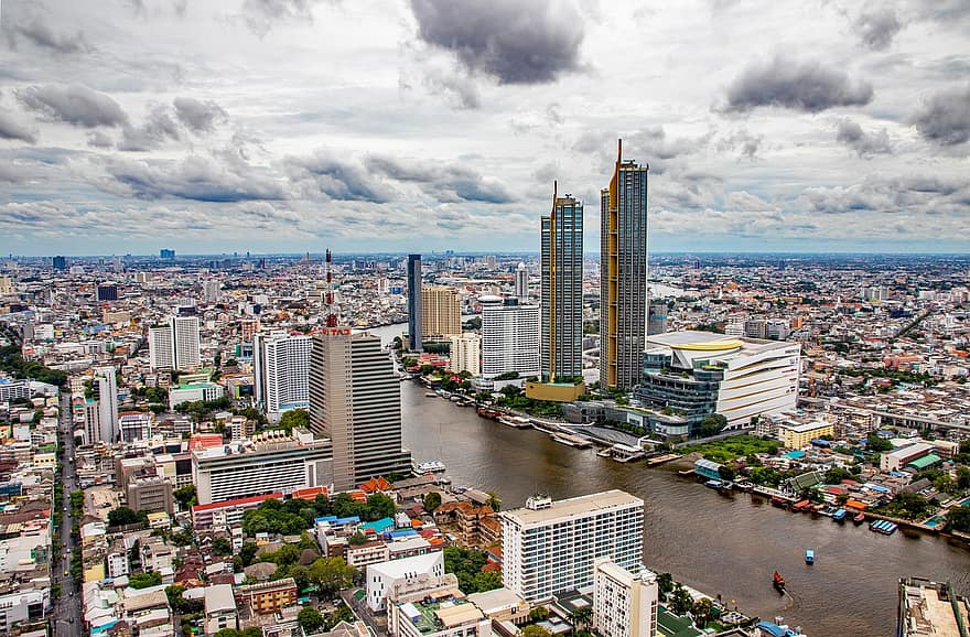 Банкок, град, река, сгради, панорама, небостъргачи, силует, многоетажна, градски пейзаж, в центъра, метрополия