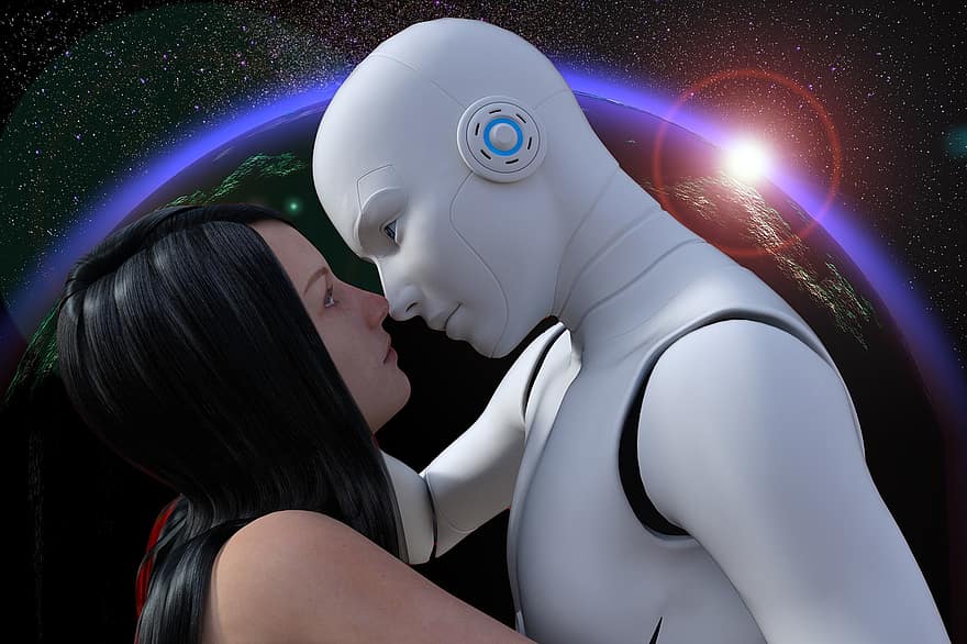 Връзка, обичам, модерен, целувка, човек, робот