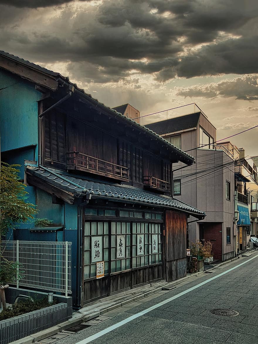 都市、建築、通り、歩道、古いお店、木造、東京、日本