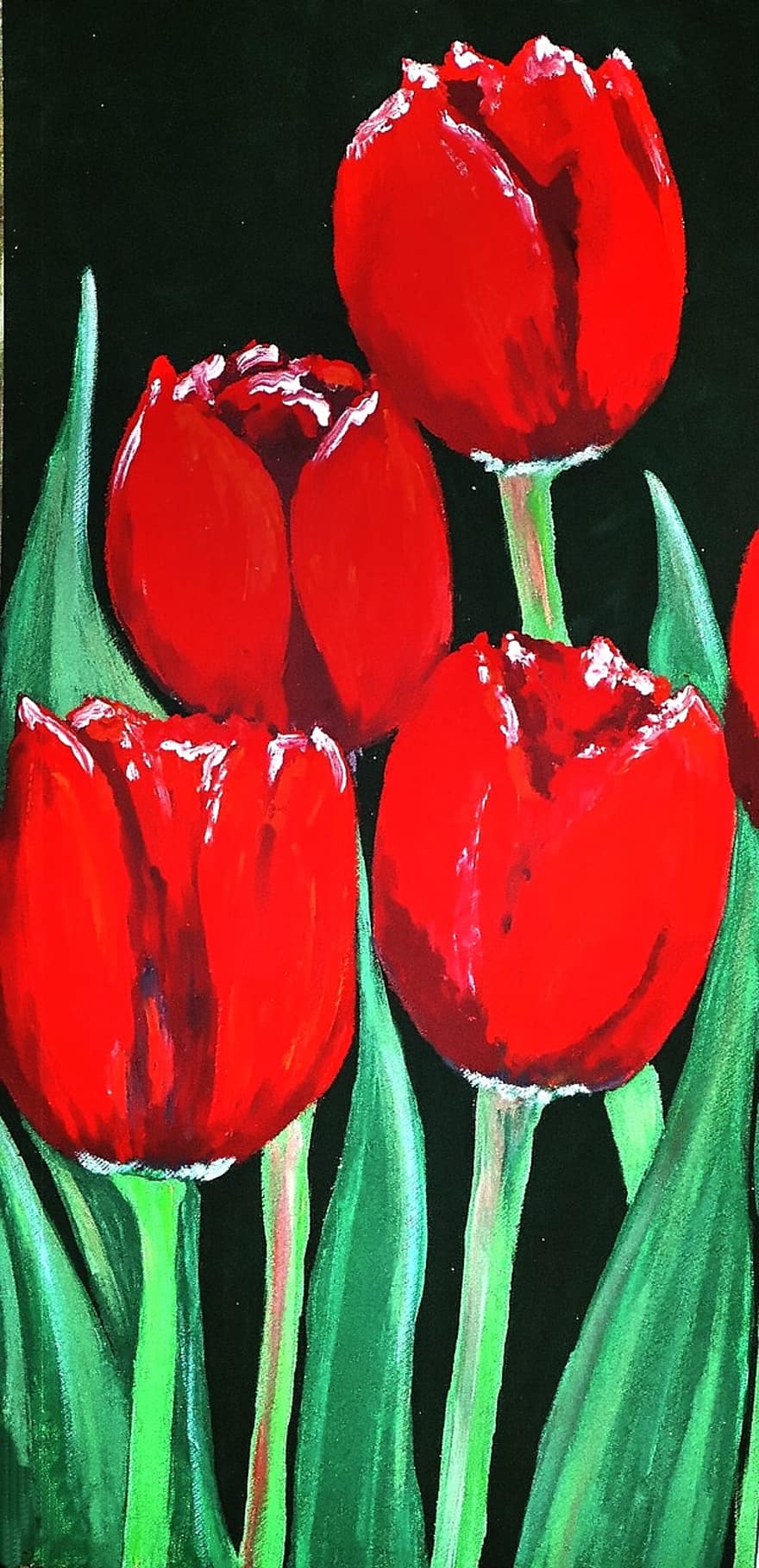Malowane tulipany, farba akrylowa, brezentowy