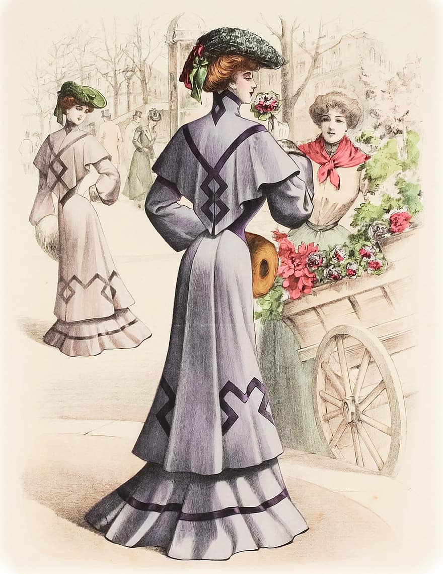 damer, årgang, mote, kvinner, blomster, blomstervogn, kunstverk, scene, 1902, stil, portrett