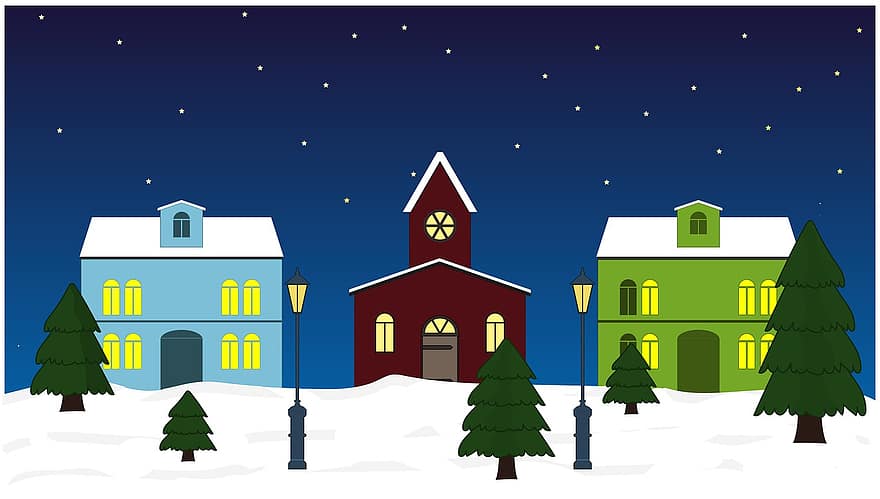 musim dingin, kota kecil, salju, pohon, malam, ilustrasi, vektor, musim, pemandangan, latar belakang, perayaan