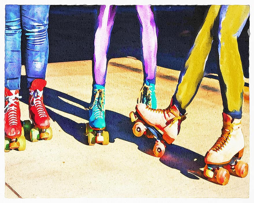 akvarel, Rulleskøjte til piger, stå på skøjter, ben, pige, firserne, fritid, skøjter, kvinde, valse, ung