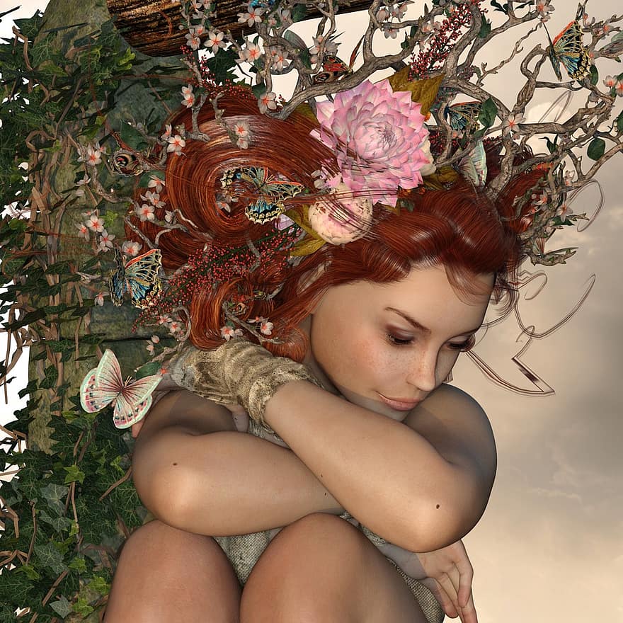 Woman, Nature, Crown, Ivy, Pretty, Mystical, Flowers, Fee, Romantic, Face, Pose