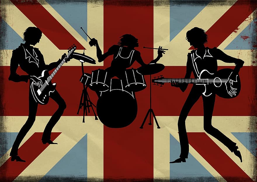 brytyjski, zespół muzyczny, sylwetka, flaga, anglia, uk, bębny, gitara, elektryczny, skała, koncert